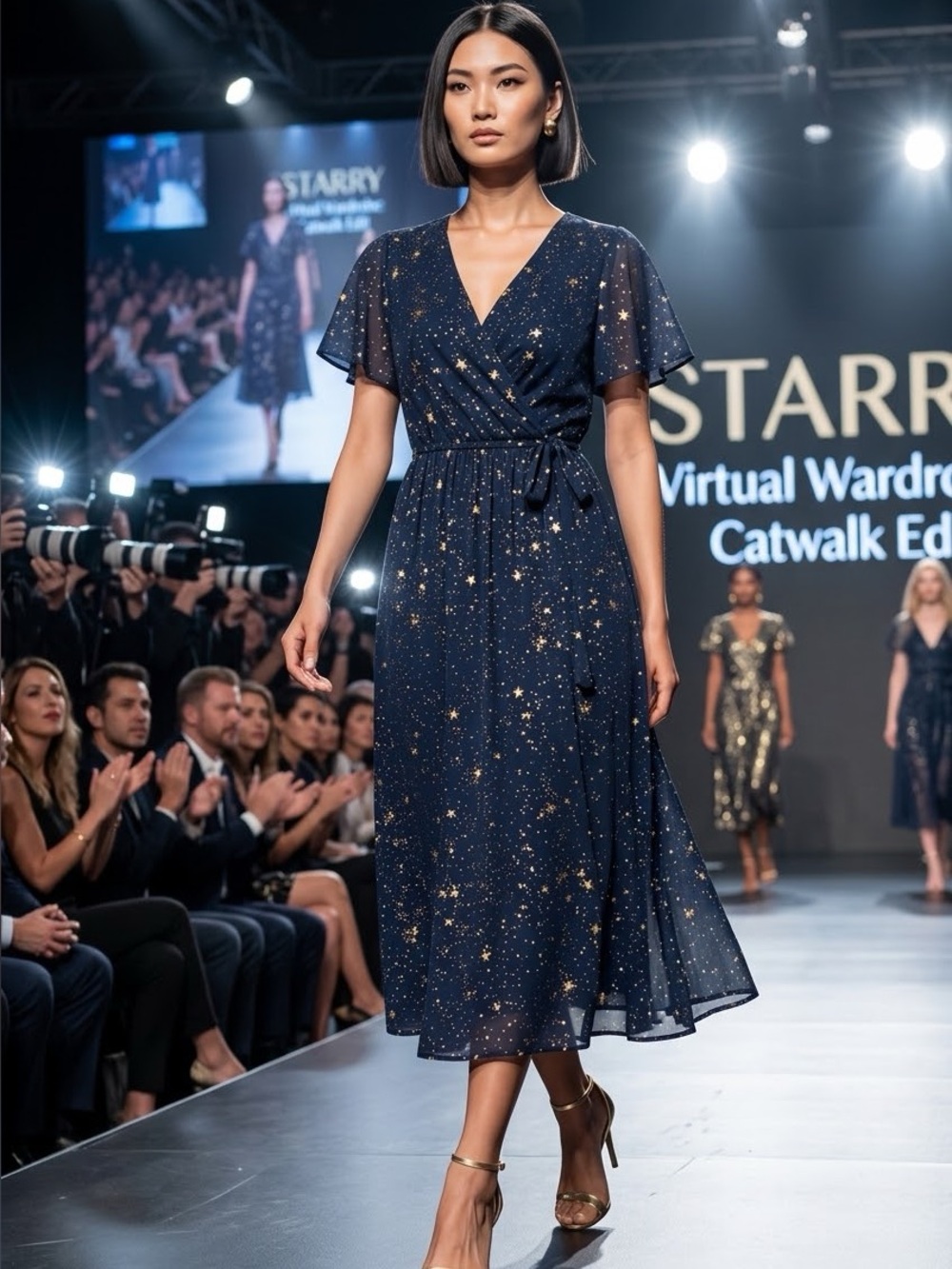NEW Starry Navy Wrap Midi Dress with Gold Star Print Women’s Long Dress Classy